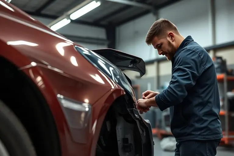 Mechanic performing collision repair on vehicle body panel