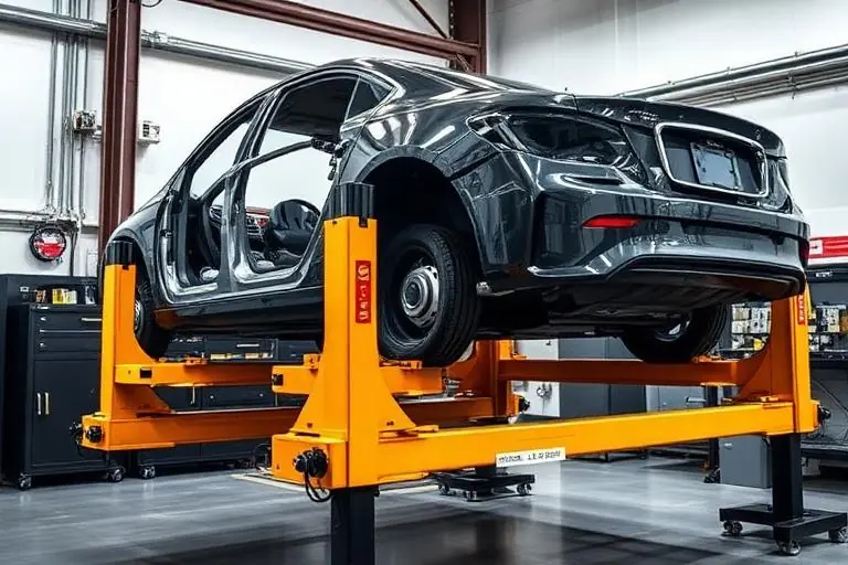 Vehicle on hydraulic frame straightening rack