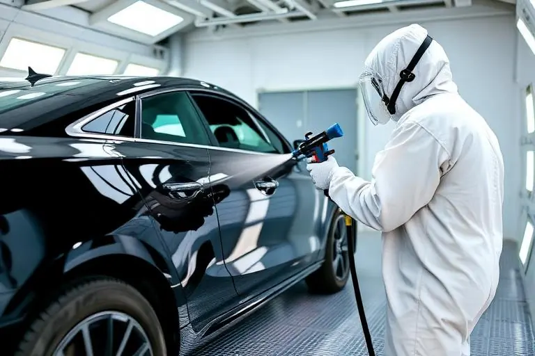 Professional auto painter spraying car in paint booth